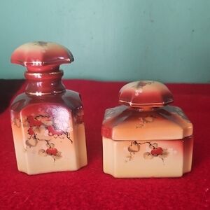 Very Rare Antique Hand Painted Nippon Perfume Decanter and Trinket box.